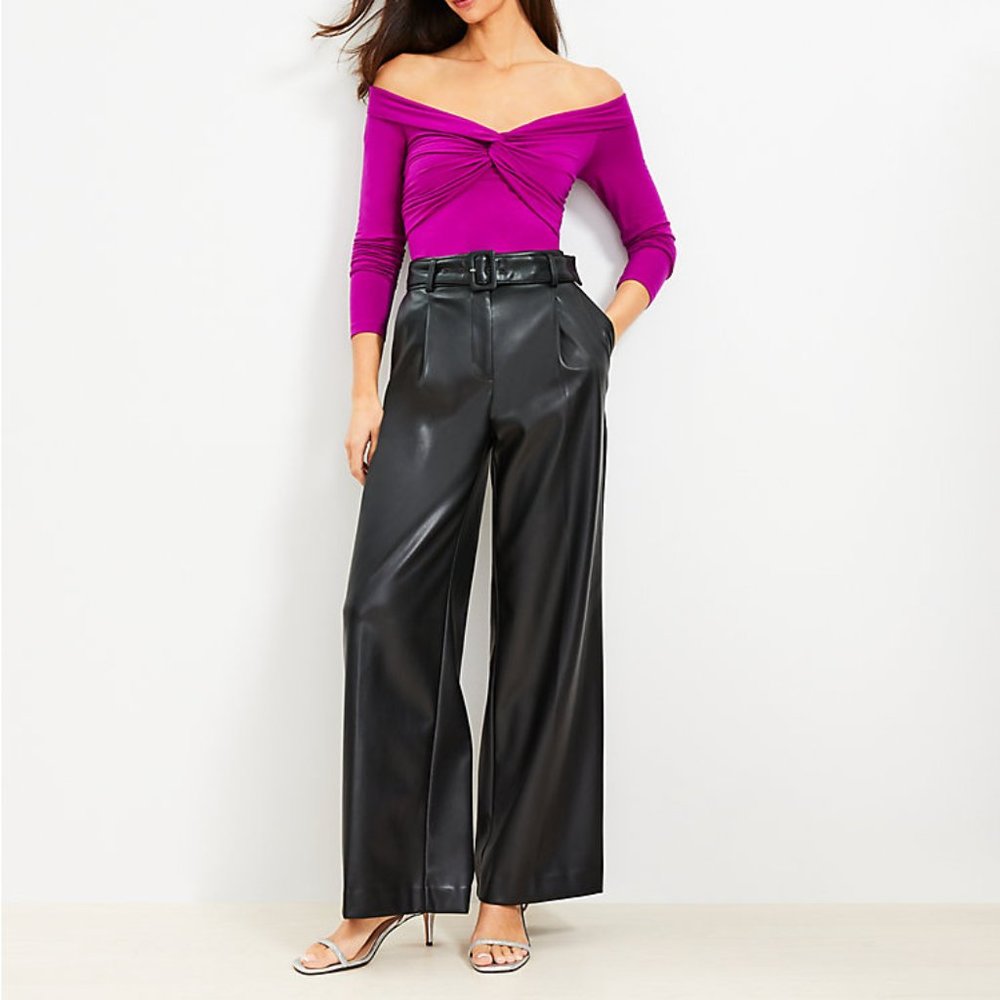 NWT LOFT Belted Wide Leg Pants in Faux Leather